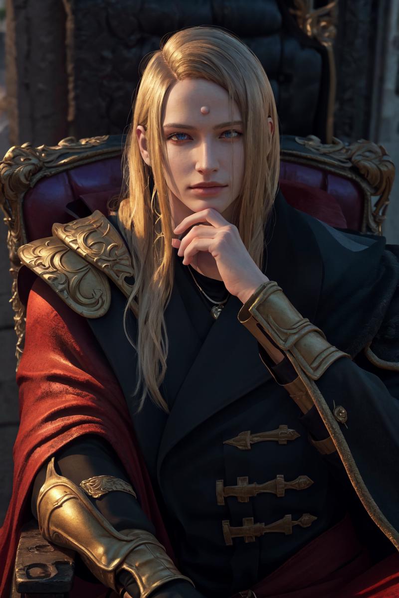 15547-3888111766-masterpiece, best quality, highres, 1boy zenos, red cape shoulder armor black coat  sitting on chair, hand on own chin, (photore.png